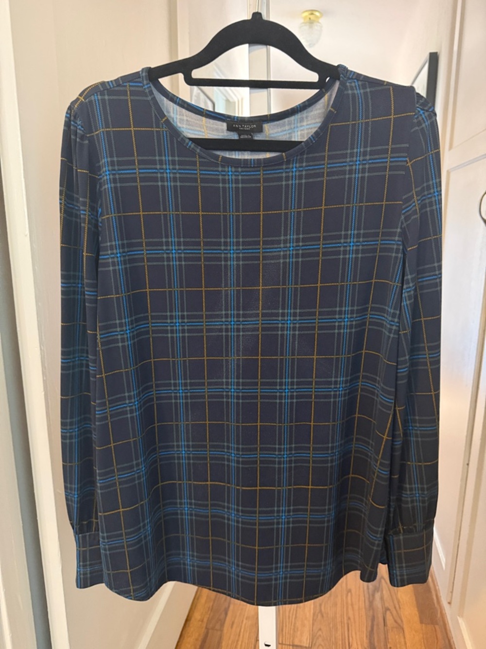 Ann Taylor Navy Plaid Long-Sleeve Blouse Shirt with Blue and Gold Windowpane